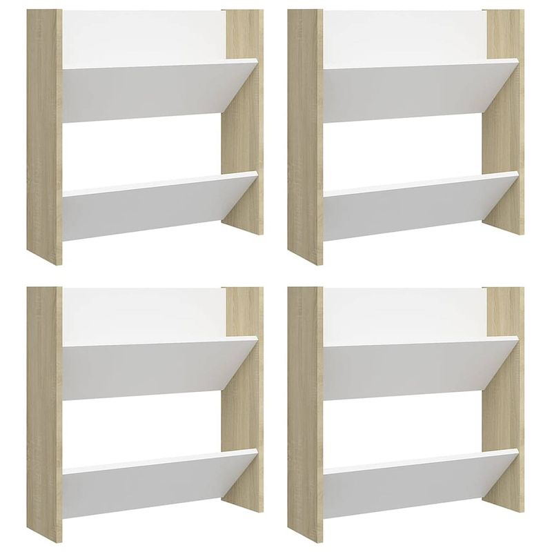 Foto van The living store schoenenkast - wandmodel - 60 x 18 x 60 cm - 2 schuine schappen - wit en sonoma eiken