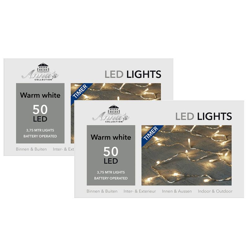 Foto van Set van 2x stuks kerstverlichting met timer 50 warm witte lampjes op batterijen - lichtsnoeren