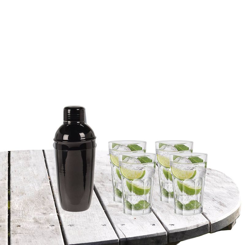 Foto van Cocktailshaker met 4x cocktailglazen mojito transparant 410 ml - cocktailglazen