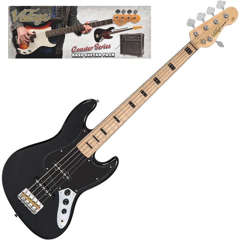 Foto van Vintage vip-v495blk coaster series 5-string gloss black bass pack vijfsnarige basgitaar set met versterker