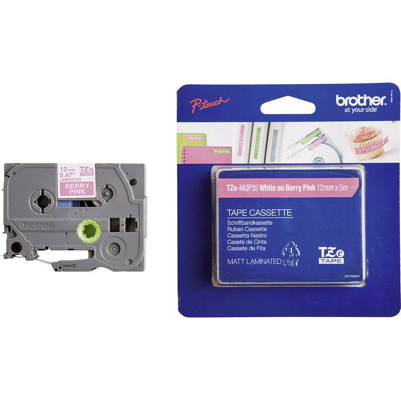 Foto van Brother tze-mqp35 labeltape mat tapekleur: roze (mat) tekstkleur: wit 12 mm 5 m
