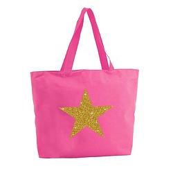 Foto van Gouden ster glitter shopper tas - fuchsia roze - 47 x 34 x 12,5 cm - boodschappentas / strandtas