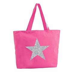 Foto van Zilveren ster glitter shopper tas - fuchsia roze - 47 x 34 x 12,5 cm - boodschappentas / strandtas