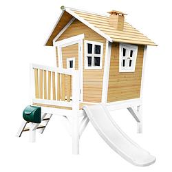 Foto van Axi robin speelhuis op palen & witte glijbaan speelhuisje voor de tuin / buiten in bruin & wit van fsc hout