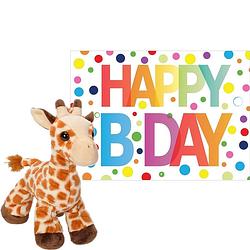 Foto van Pluche dieren knuffel giraffe 18 cm met happy birthday wenskaart - knuffeldier