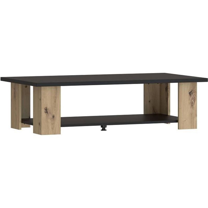 Foto van Pilvi salontafel 2 dienbladen - eigentijdse stijl - melaminedeeltjes - eiken en zwart decor - l 110 x d 60 x h 31 cm