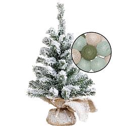 Foto van Mini kerstboom met sneeuw - incl. lichtslinger met bollen mix groen - h45 cm - kunstkerstboom