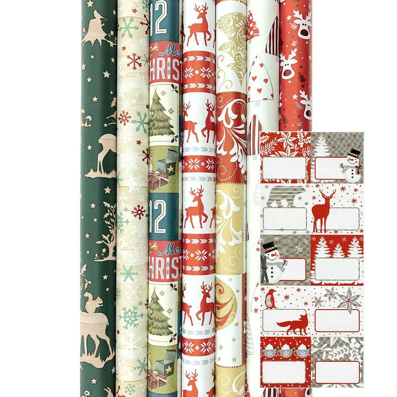 Foto van Präsenta assortiment kerstcadeaupapier inpakpapier k17 - 200 x 70 cm - 7 rollen - inclucief 20 naamlabels