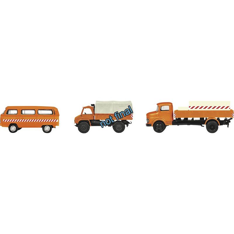 Foto van Schuco 452655600 h0 volkswagen, mercedes benz set van 3 wagens gemeentewerken, vw t2, unimog 404, mercedes-benz lg 322