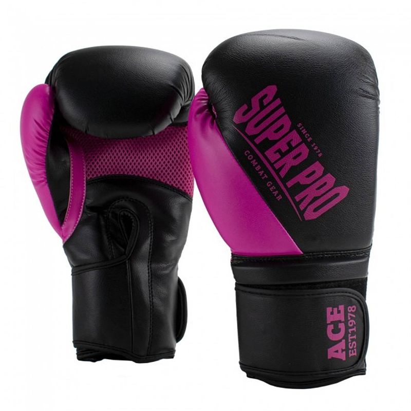 Foto van Super pro combat gear ace (kick)bokshandschoenen - zwart/roze - 14 oz