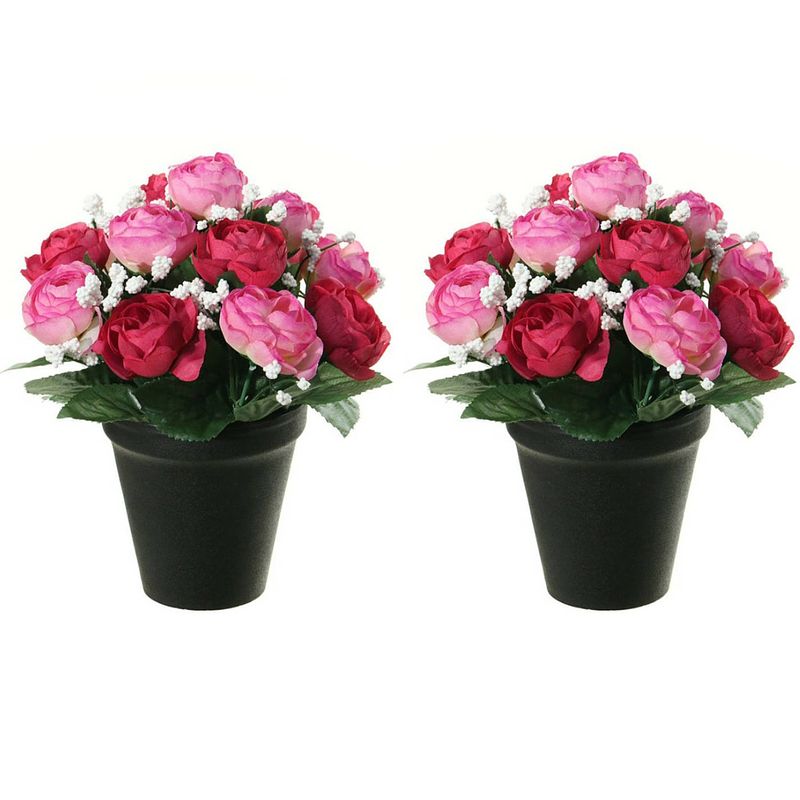 Foto van Louis maes kunstbloemen plant in pot - 2x - roze/wit tinten - 20 cm - bloemenstuk ornament - kunstbloemen