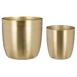 Foto van Plantenpot/bloempotten set - 2x stuks - metaal - goud - d16 en d22 cm - plantenpotten