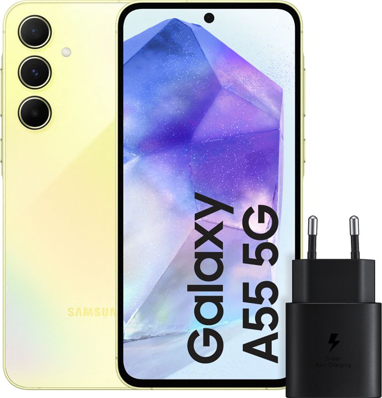 Foto van Samsung galaxy a55 256gb geel 5g + samsung 25 watt snellader zwart