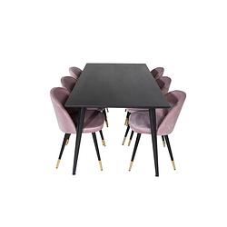 Foto van Dipp180x90blbl eethoek eetkamertafel zwart en 6 velvet eetkamerstal velours roze, zwart, messing decor.