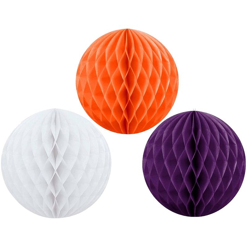 Foto van Kerstversiering set van 3x papieren kerstballen 10 cm wit paars en oranje - kerstbal