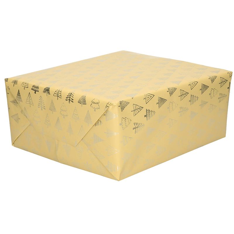 Foto van 3x rollen kerst inpakpapier/cadeaupapier beige/gouden bomen 2,5 x 0,7 meter - cadeaupapier