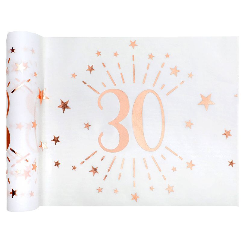 Foto van Tafelloper op rol - 2x - 30 jaar verjaardag - wit/rose goud - 30 x 500 cm - polyester - feesttafelkleden