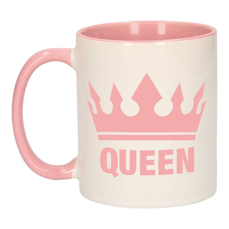 Foto van Cadeau queen mok/ beker roze wit 300 ml - feest mokken