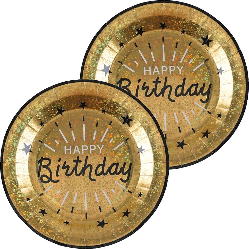 Foto van Verjaardag feest bordjes happy birthday - 20x - goud - karton - 22 cm - rond - feestbordjes