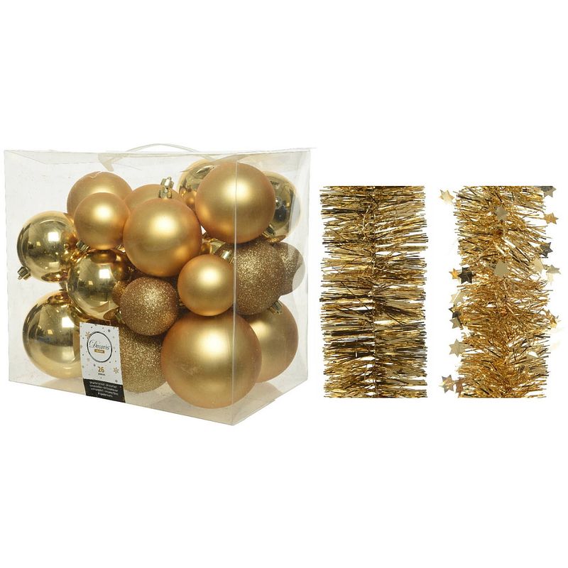 Foto van Kerstversiering kunststof kerstballen 6-8-10 cm met folieslingers pakket goud van 28x stuks - kerstbal