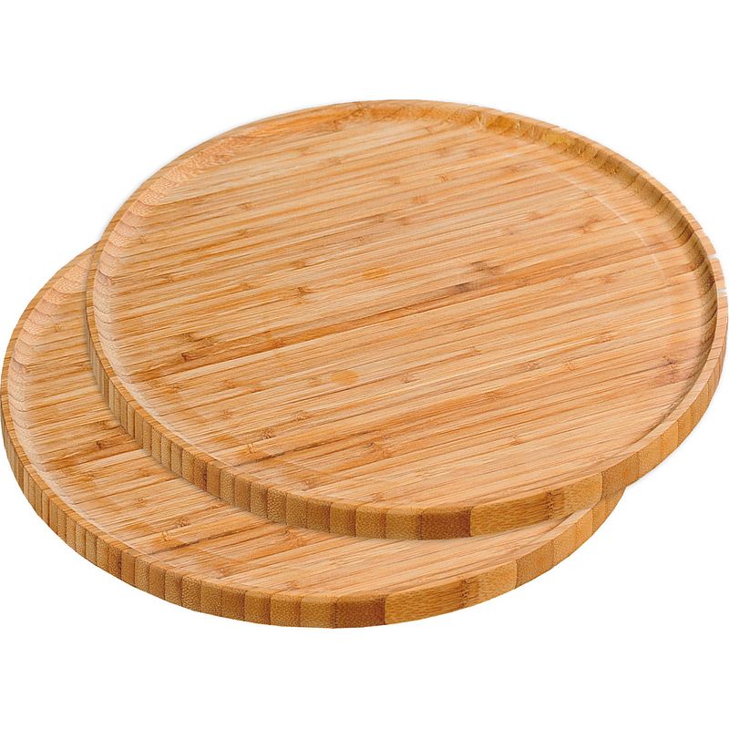 Foto van 2x bamboe houten serveerplanken rond 32 cm - serveerplateau - kaasplank/kaasplateau - borrelplank - tapasplank