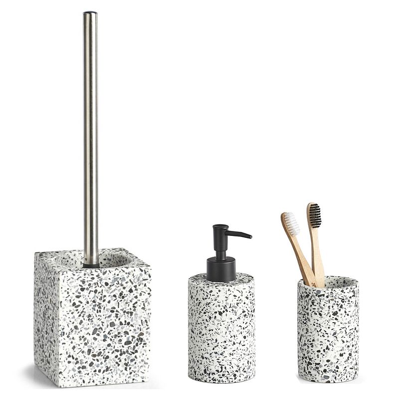 Foto van Badkamer accessoires set 3-delig - kunststeen - terrazzo- wit - badkameraccessoireset