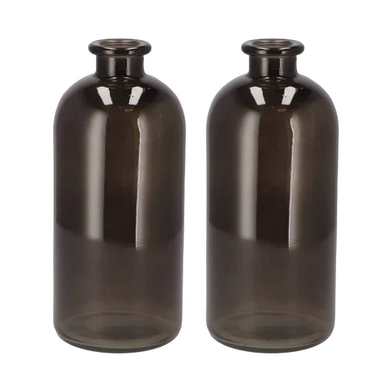 Foto van Dk design bloemenvaas fles model - 2x - helder gekleurd glas - zwart - d11 x h25 cm - vazen