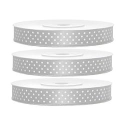 Foto van 3x hobby/decoratie zilver satijnen sierlinten met witte stippen1,2 cm/12 mm x 25 meter - cadeaulinten