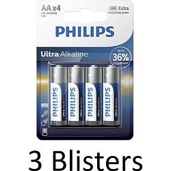 Foto van 12 stuks (3 blisters a 4 st) philips ultra alkaline aa batterijen