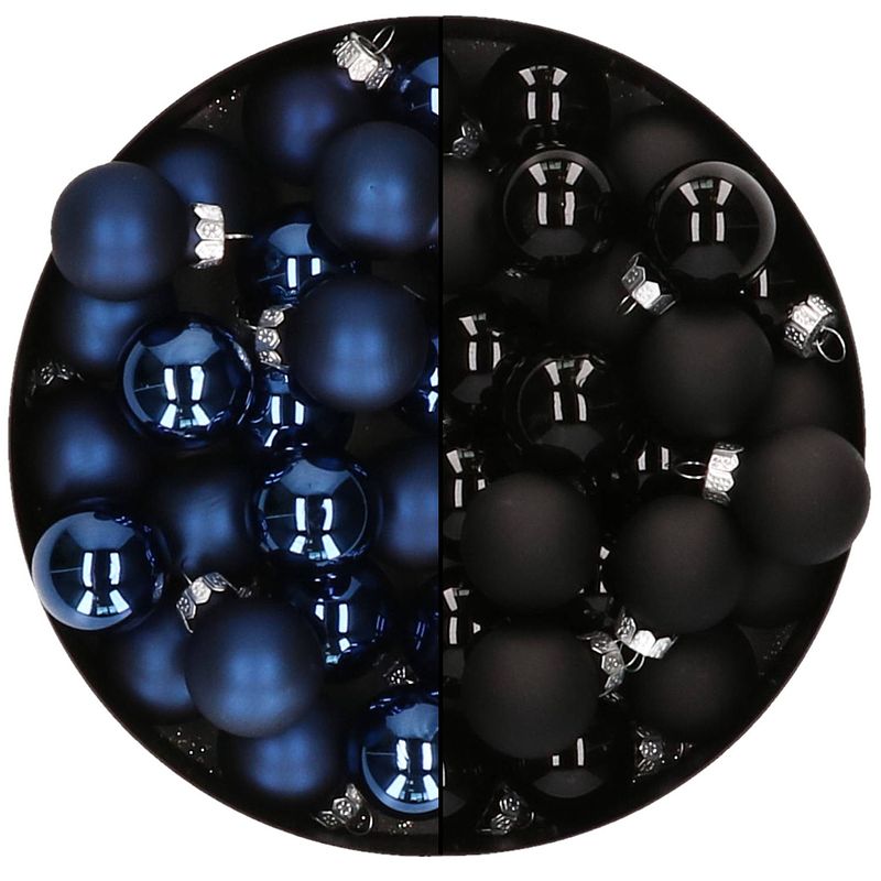 Foto van Mini kerstballen - 48x st - donkerblauw en zwart - 2,5 cm - glas - kerstbal