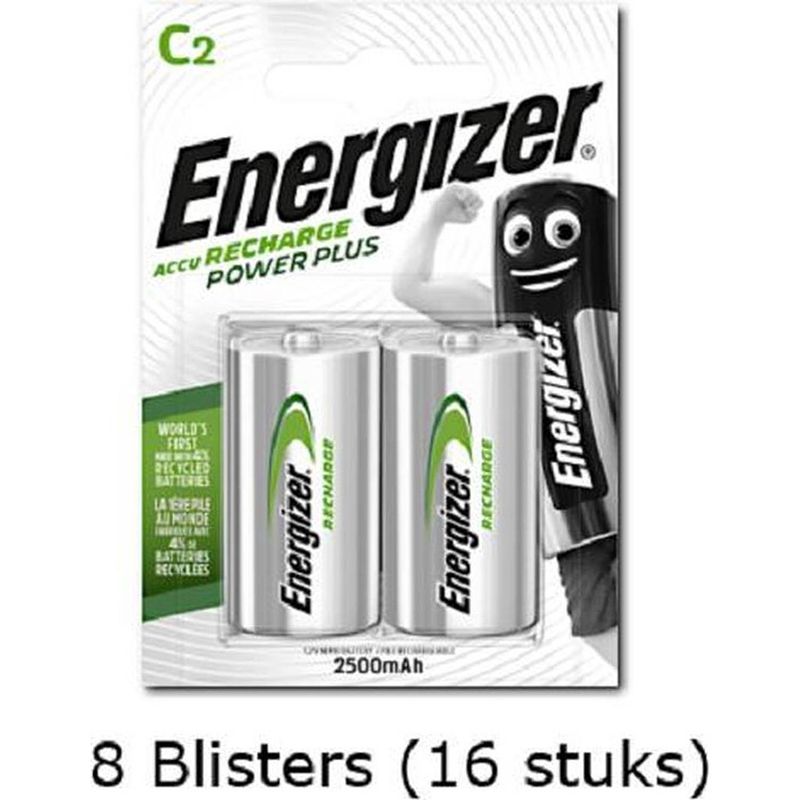 Foto van 16 stuks (8 blisters a 2 stuks) energizer c power plus batterij hr14 oplaadbaar 1.2v 2500mah rechargeable