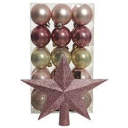 Foto van Kerstballen 30x roze/champagne- 6cm -en ster piek oudroze- kunststof - kerstbal