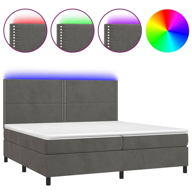 Foto van The living store boxspring bed - fluweel - led - pocketvering - topmatras - donkergrijs - 203 x 200 x 118/128 cm