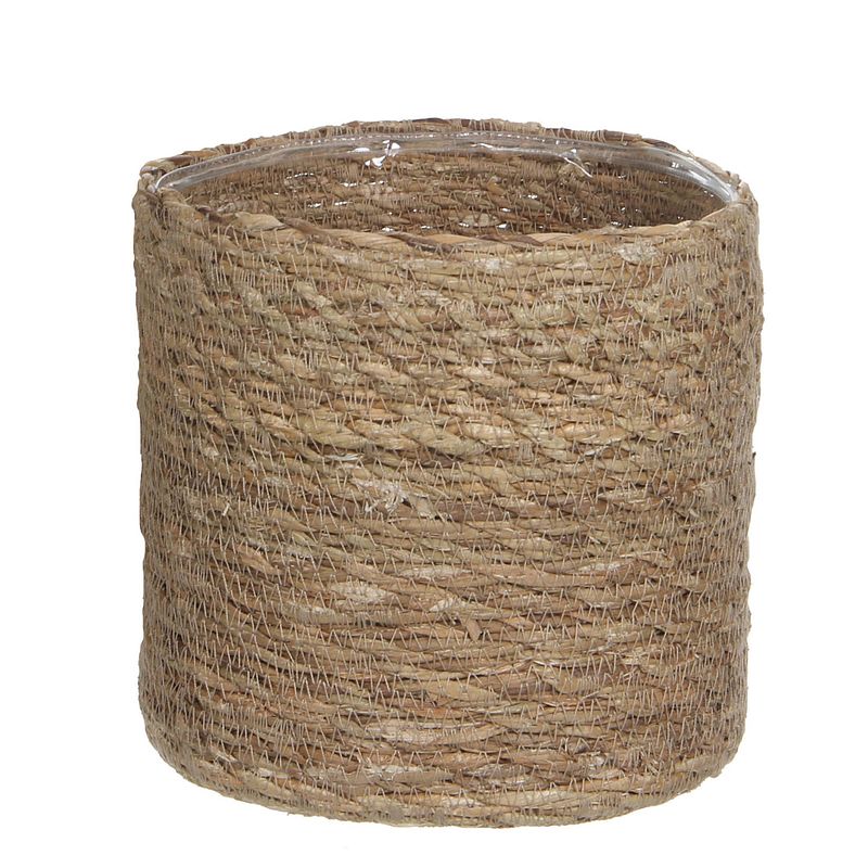 Foto van Naturel bruin rotan planten pot mand van gedraaid jute/riet h20 en d20 cm - plantenpotten