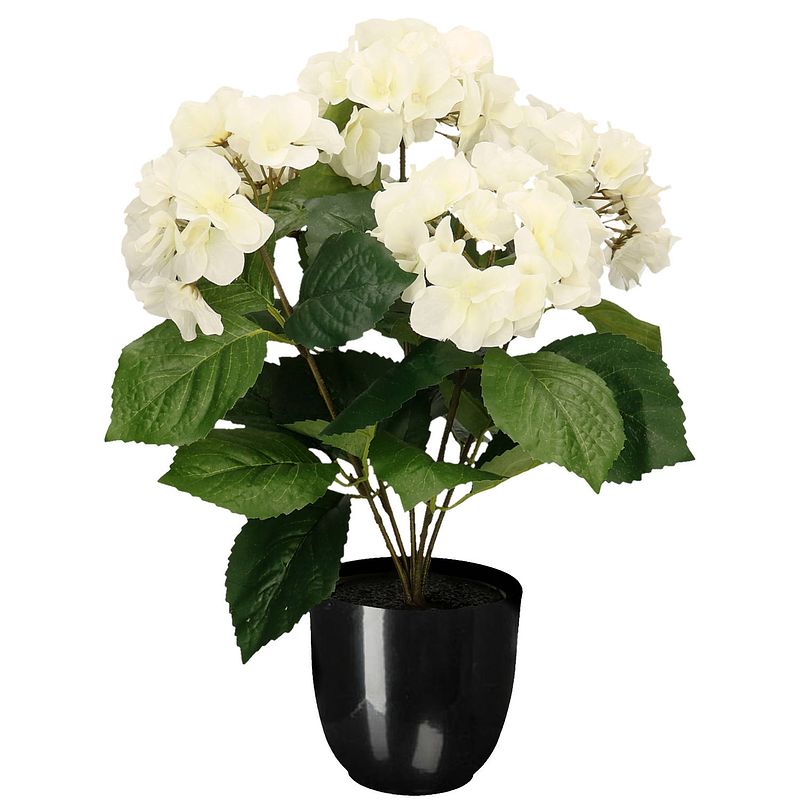 Foto van Hortensia kunstplant/kunstbloemen 40 cm - wit - in pot zwart glans - kunstplanten