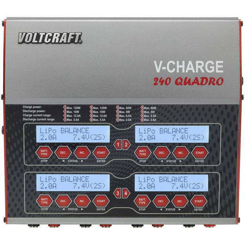 Foto van Voltcraft v-charge 240 quadro multifunctionele modelbouwlader 12 v, 230 v 12 a li-poly, lifepo, li-ion, lihv, nicd, nimh, lood