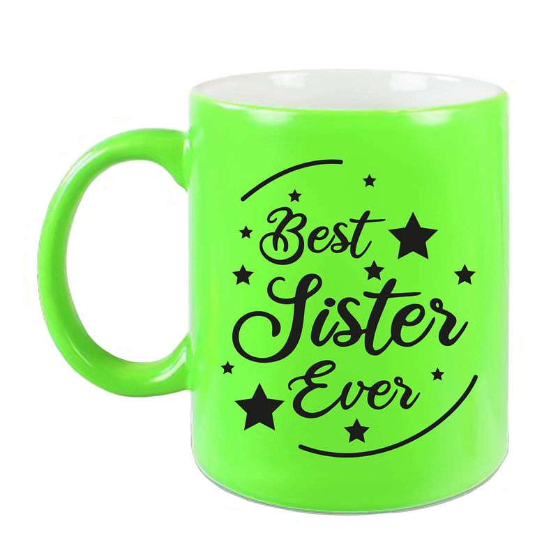 Foto van Best sister ever cadeau koffiemok / theebeker neon groen 330 ml - feest mokken