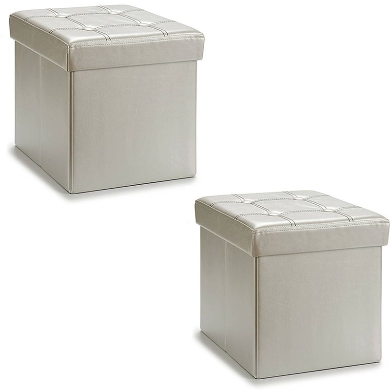 Foto van Giftdecor poef square box - 2x - hocker - opbergbox - zilvergrijs - polyester/mdf - 31 x 31 cm - opvouwbaar - poefs