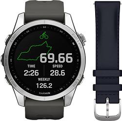 Foto van Garmin fenix 7s zilver/grijs 42mm + garmin leren bandje blauw 20mm