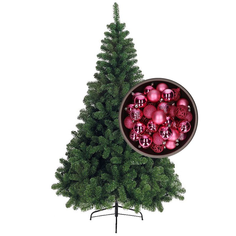 Foto van Bellatio decorations kunst kerstboom 180 cm met kerstballen fuchsia roze - kunstkerstboom