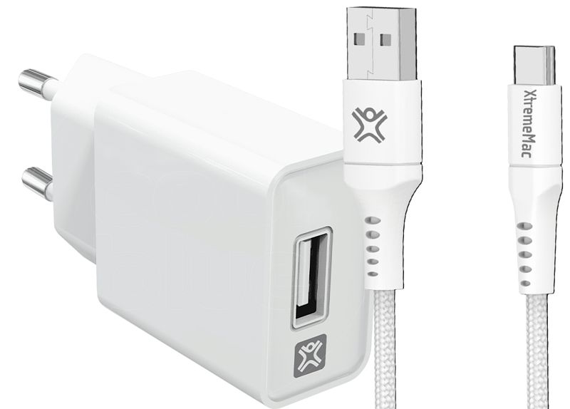 Foto van Xtrememac oplader 12w +  usb c kabel 2m nylon wit