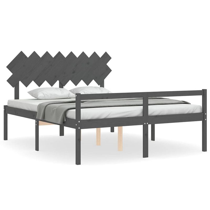 Foto van The living store bedframe met hoofdbord massief hout grijs 160x200 cm - bed