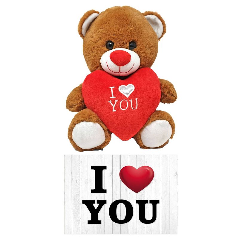 Foto van Donker bruine pluche knuffelbeer 20 cm incl. valentijnskaart i love you - knuffelberen