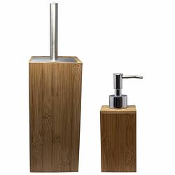 Foto van Toilet/badkamer/wc set toiletborstel met zeeppompje van bamboe - toiletborstels