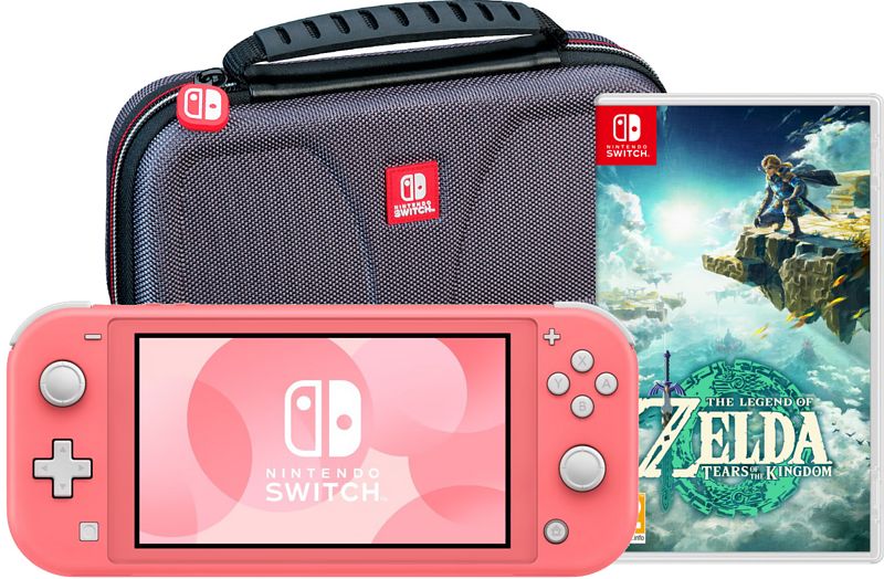 Foto van Nintendo switch lite koraal + zelda: tears of the kingdom + bigben beschermhoes