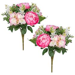 Foto van Louis maes kunstbloemen boeket roos/hortensia - 2x - roze/cerise - h39 cm - bloemstuk - bladgroen - kunstbloemen