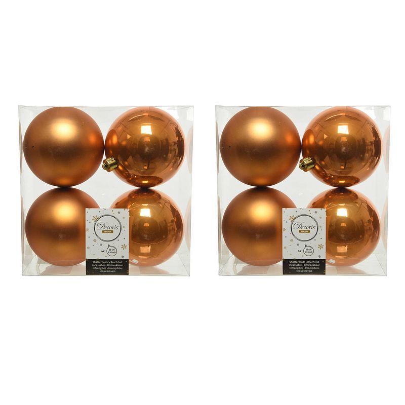 Foto van 8x stuks kunststof kerstballen cognac bruin (amber) 10 cm glans/mat - kerstbal