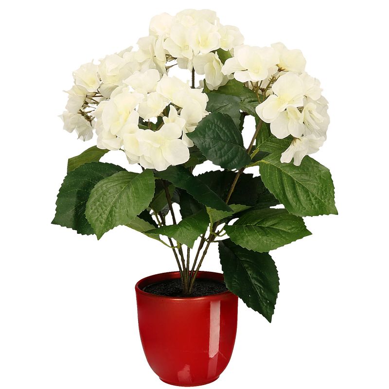 Foto van Hortensia kunstplant/kunstbloemen 40 cm - wit - in pot rood glans - kunstplanten