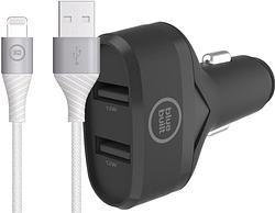 Foto van Bluebuilt autolader met 2 usb a poorten 12w zwart + lightning kabel 1,5m nylon wit