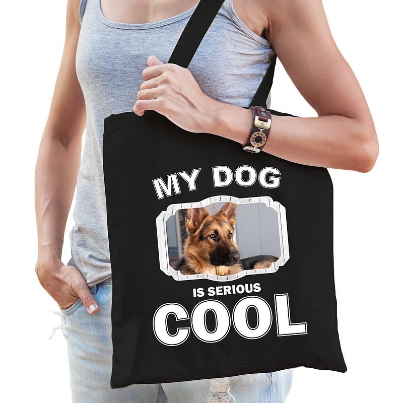 Foto van Katoenen tasje my dog is serious cool zwart - duitse herder honden cadeau tas - feest boodschappentassen